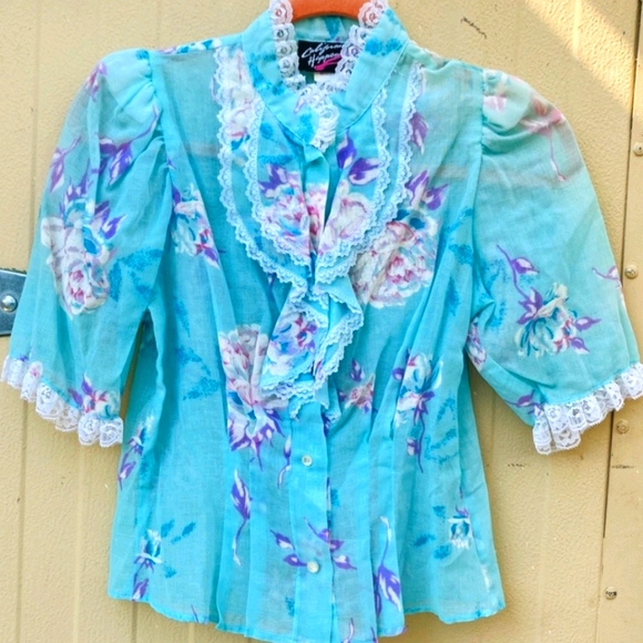 Vintage Cottagecore Puff Sleeve Blue Floral Blouse - Picture 1 of 5